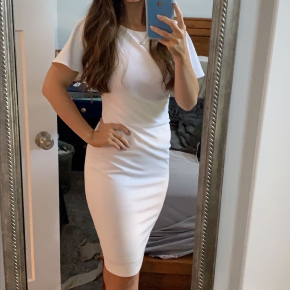 White Calvin Klein Sheath Dress with Ruffle Cape
